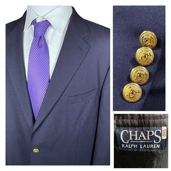 Chaps Ralph Lauren Blazer 46L Navy Blue Wool Sport Coat Gold Buttons Suit Jacket - Picture 1 of 16